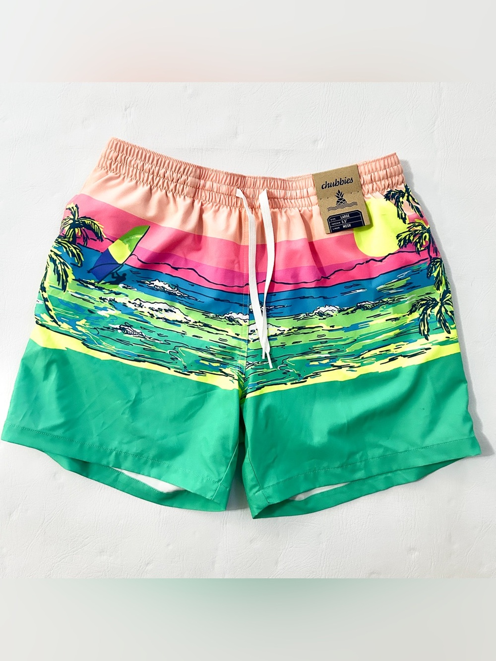 Men’s Large Chubbies Pink and Green Wave Print Swim Shorts NWT